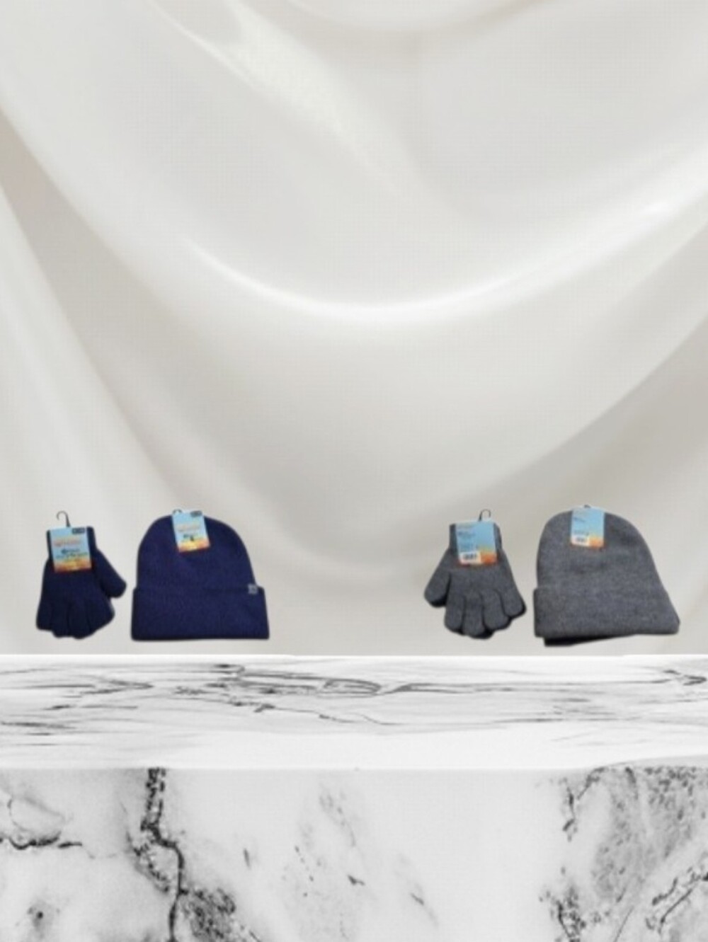 #hL01 Kids Winter Hat and Glove Set - Navy and Gray 2 Pairs.